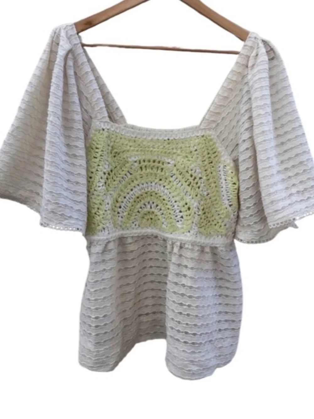 Anthropologie Sarah Hann Flutter-Sleeve Crochet Babydoll Top Size M